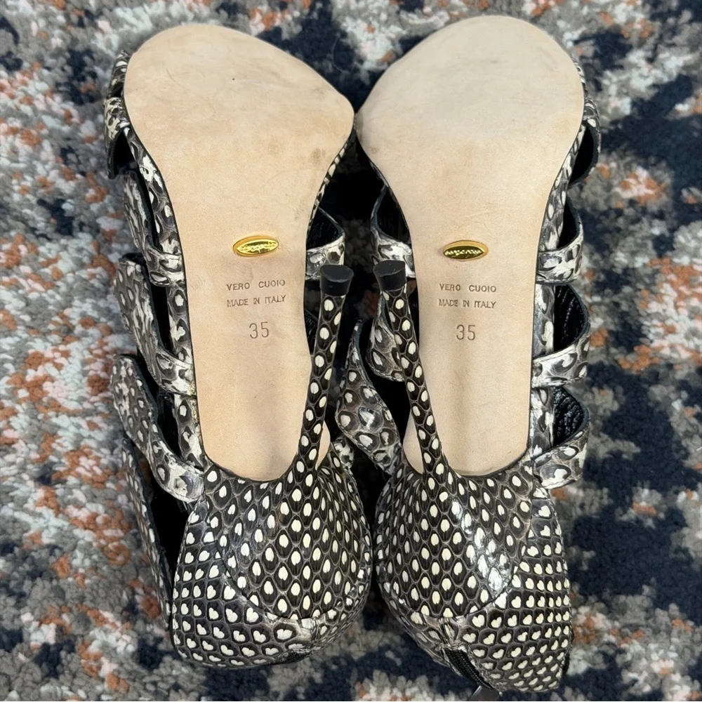 NWOT Sergio Rossi ‘Meccano Elaphe’ Cutout Heeled Sandals in Cream & Gray Snake 5